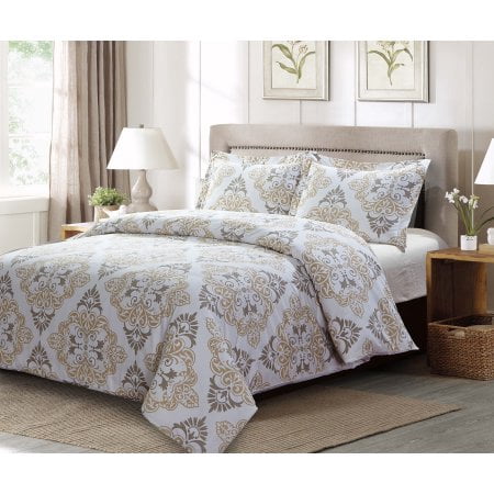 Sibley 3pc 100 Cotton Gray And Taupe Damask Print Duvet Cover Set