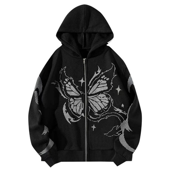 Luwomo Womens Jackets Y2K Butterfly Print Long Sleeve Drawstring Hooded Sweatshirt Zip Up Loose Fit Pullover Blouses Black,L