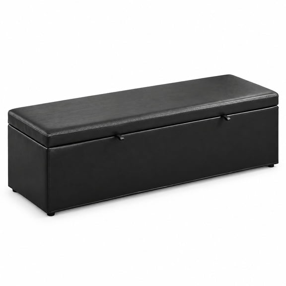 65-Inch Storage Ottoman Bench with Faux Leather and Metal Frame, Foot of Bed Bench for Bedroom, Entryway Seat, Spacious Ottoman Bench for Living Room, Black