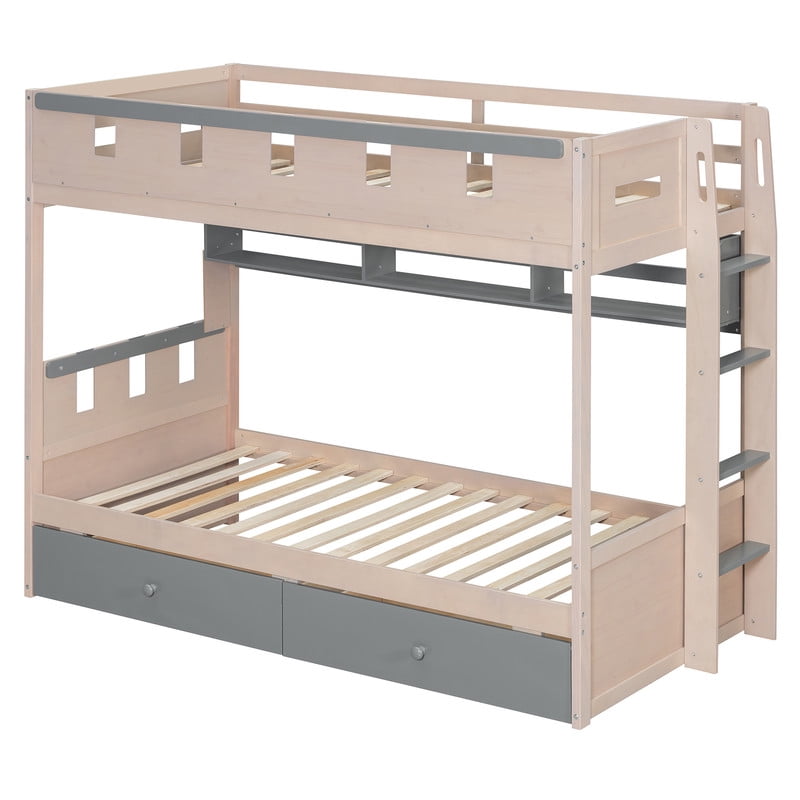 Twin Size Castle-Designed Kids's Bunk Bed with Built-in Ladder & LED Strip, Storage Wooden Bed Frame with 2 Drawers & Shelves
