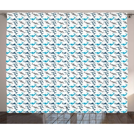 Navy Blue And Gray Bedroom Ideas Shark Curtains 2 Panels Set, Retro Style Different Abstract Silhouettes Symbols of Dangerous High Seas, Window Drapes for Living Room Bedroom, 108W X 84L Inches, Blue Navy Blue Grey, by Ambesonne ()