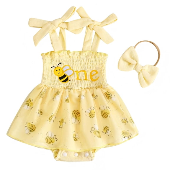 Yibosean Baby Girls' Bee 1st Birthday Dress Romper 2-Pc set with Headband,0-12Months