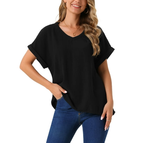 INSPIRAR CHIC Blusas de Lino para Mujeres, Camisetas de Manga Corta, Ropa Casual Básica de Verano, Blusa Suelta de Color Sólido 2XL Negra