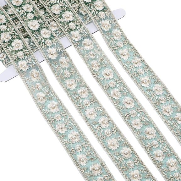 Green Jacquard Ribbon Embroidery Trim Pearl Flower Lace Embroidered Woven Floral Beaded Oganza Sheer Tulle Applique Ribbons