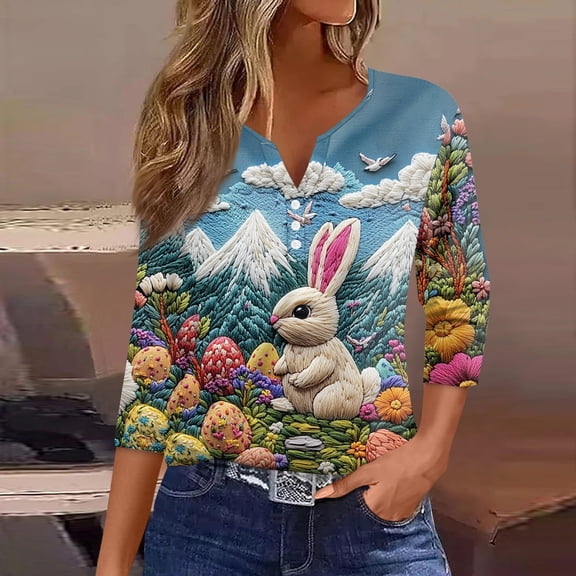 HAVUITYY Women's Easter 3/4 Sleeve Sweaters, Crew Neck Printed Womens Tops, Spring Going Out Easter Shirts for Women Wear & Gifts