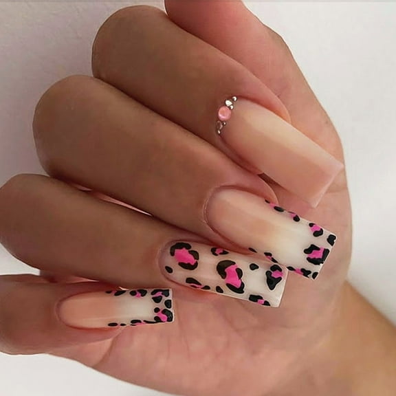 Press on Nails Short Coffin Fake Nails French Full Covers Acrylic False Nails Leopards Designs Fake Nails for Women