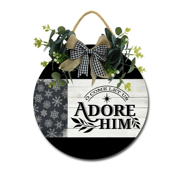 Front Door Porch Decorations O Come Let Us Adore Him Door Hanging Sign 12 inch Wooden Wall Sign, Rustic Holiday Wreath Decor for Front Door Porch Home Window Wall Farmhouse Decorations