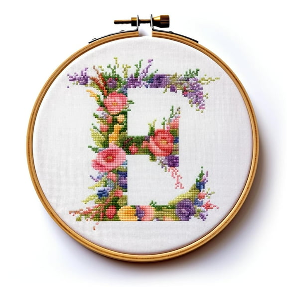 Letter E in Flowers Stamped Cross Stitch Kits for Beginners Easy with Hoop 11CT Needlepoint Embroidery DIY Counted Cross Stitch Kits Art Craft Wall Decor 35x35cm(4)