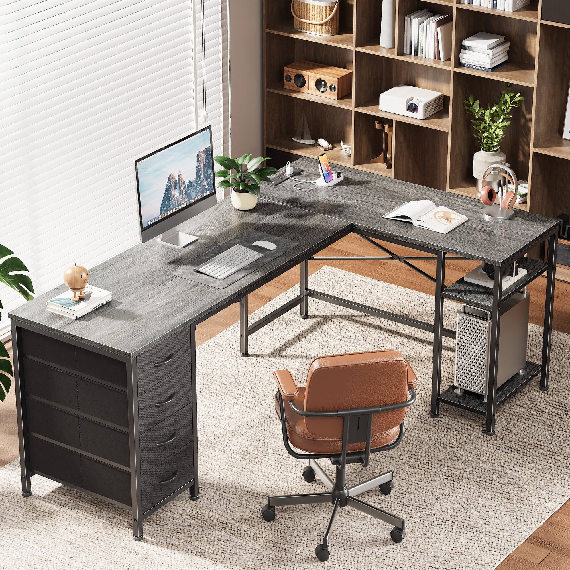 63 Inch L-Shaped Desk with Fabric Drawers, Reversible Home Office & Gaming Desk with Power Outlets, USB-C, and Adjustable Storage Shelves