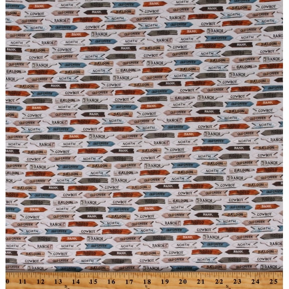 Cotton Wild West Ranch Signs Desert Cowboy White Cotton Fabric Print by the Yard (52455D-2)