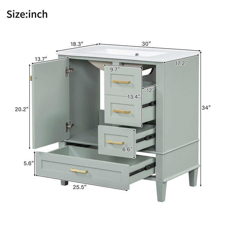Bellemave 30" Bathroom Vanity with Sink, Cabinet with Sink Combo Set with Top, Bathroom Storage Cabinet with 3 Drawers and 1 Soft Closing Door, 30 Inch Vanity with Sink for Bathroom（Cyan）