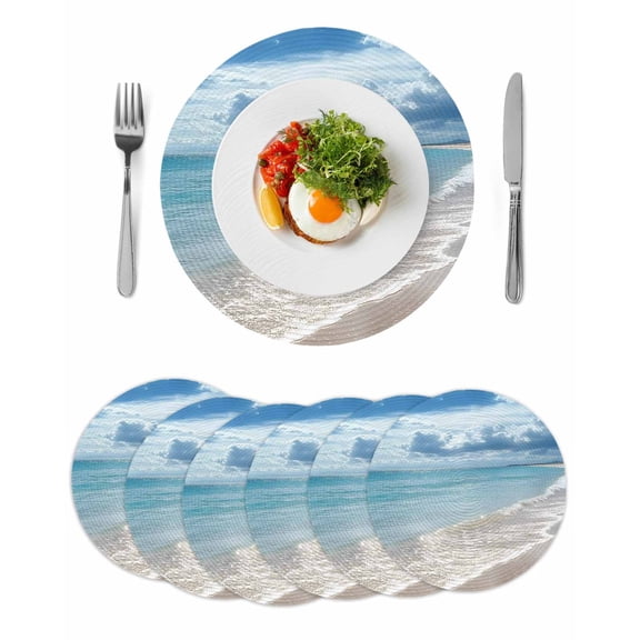 Round Woven Placemats set of 6, Blue Ocean Beach Washable&Heat Resistant Plastic Wipeable Placemats for Round Table Blue Sky Seascape Kitchen Dining Table Decor, 15in,
