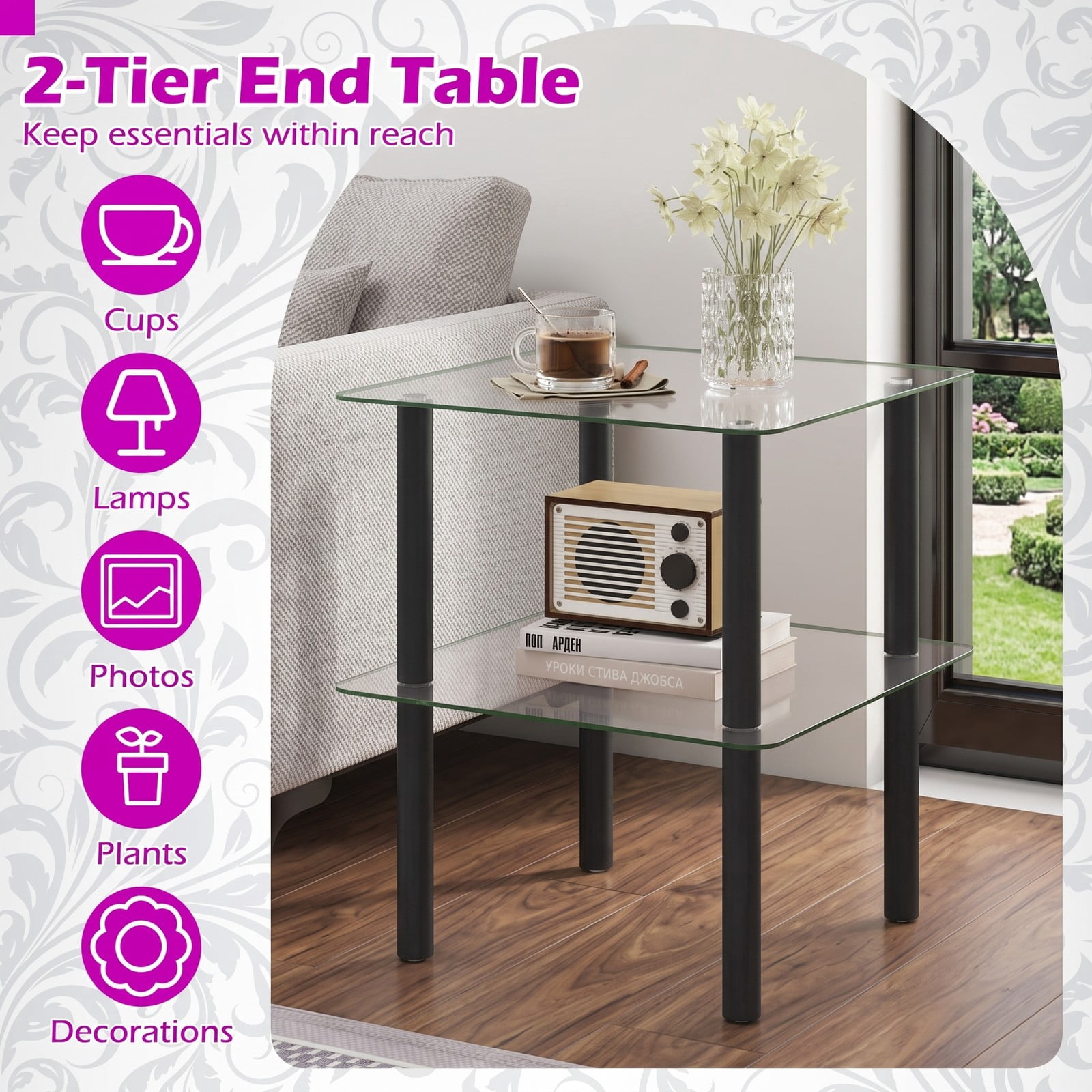 Furnibear 2-Tier Square End Table with Tempered Glass Top and Storage Shelf, Rubber Wood Legs Side Table for Living Room Bedroom, Round-Edge Nightstand, Clear & Black