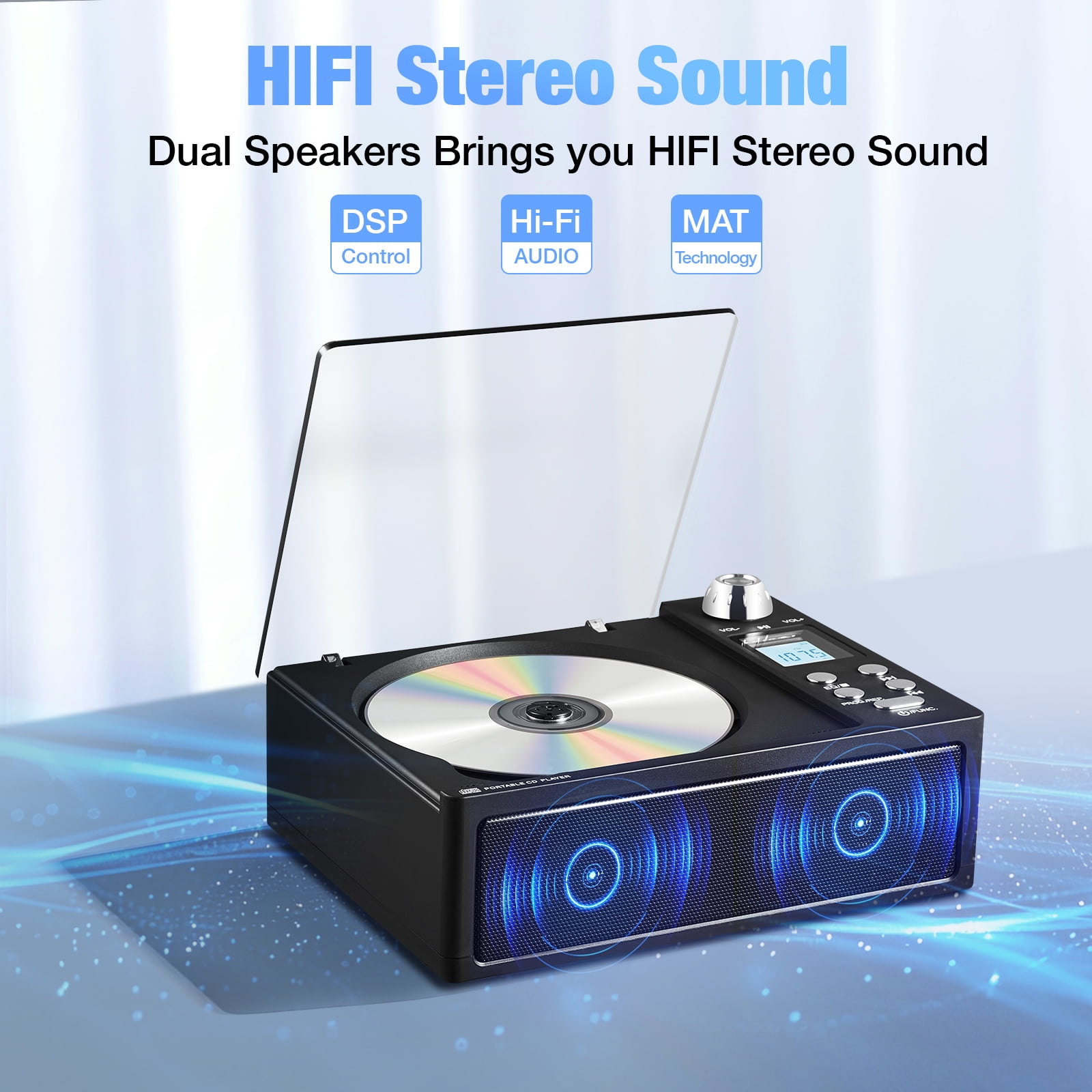 Portable CD Player with Bluetooth,Rechargeable CD Player with Speakers, FM Radio,Remote Control,Supports USB, TF, AUX.