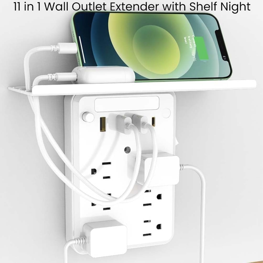 11 in 1 Wall Outlet Extender with Shelf Night, Surge Protector Power Strip with USB Ports, Flat Plug Power Strip, Multi Plug Wall Outlet for Home & Office & Travel Outdoor (2PCS)
