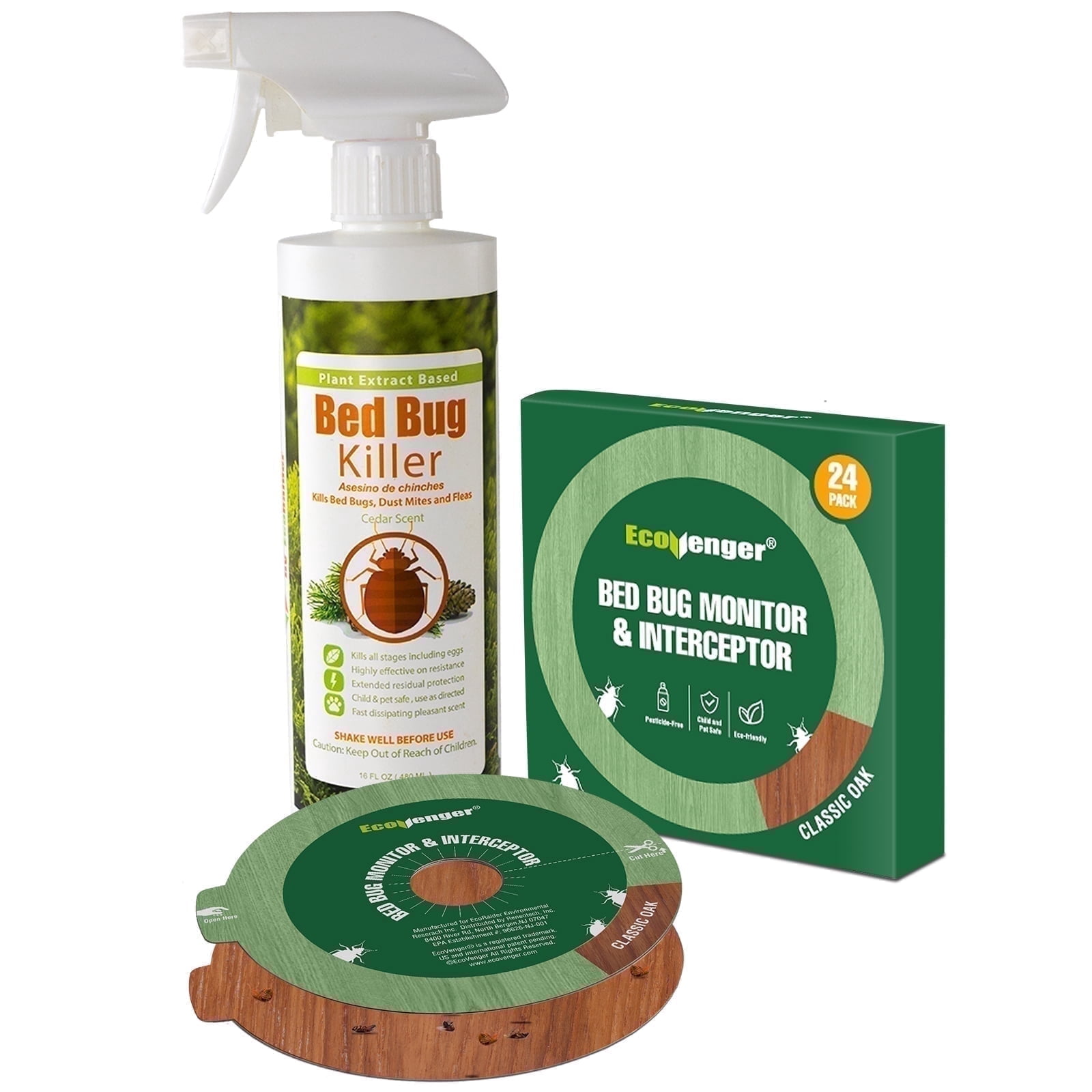 EcoVenger Bed Bug Killer 16 oz + Bed Bug Monitor & Interceptor Glue Traps 24 Units