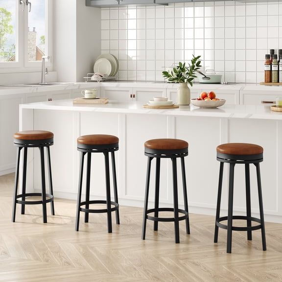 Set of 4 Brown 30 Inch Swivel Bar Stools, Backless Counter Height with PU Leather Cushion, Metal Frame and Footrest for Kitchen Island Home Bar