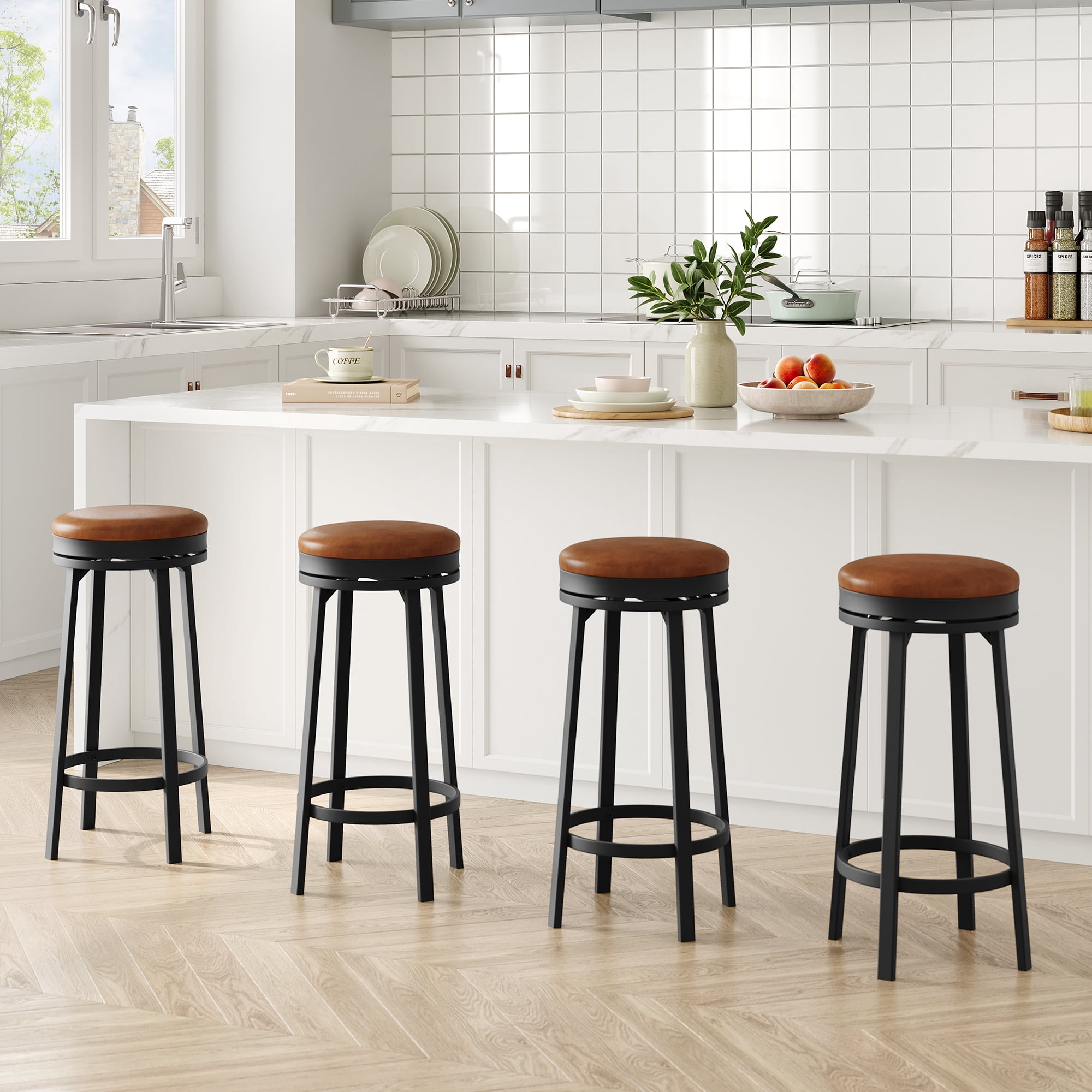 Set of 4 Brown 30 Inch Swivel Bar Stools, Backless Counter Height with PU Leather Cushion, Metal Frame and Footrest for Kitchen Island Home Bar