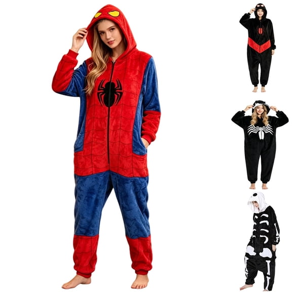 Halloween Hooded Onesie Pajamas Cosplay Costume Fleece Sleepwear Unisex Loungewear Superhero Spider Skeleton Jumpsuit for Halloween Theme Parties