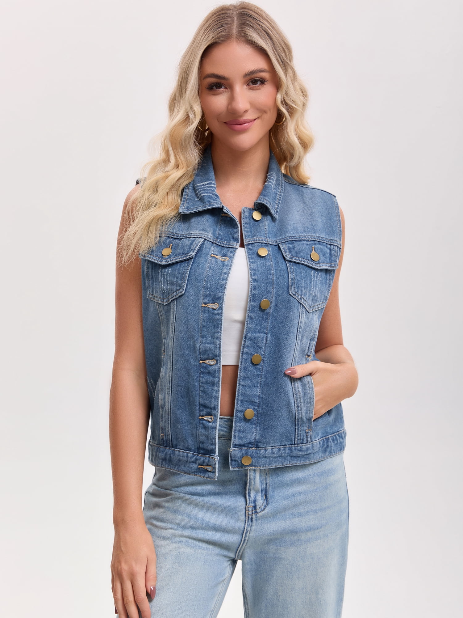 DARING DIVA Womens Denim Vest Button Down Jacket Sleeveless Jean Jacket 2XL Blue
