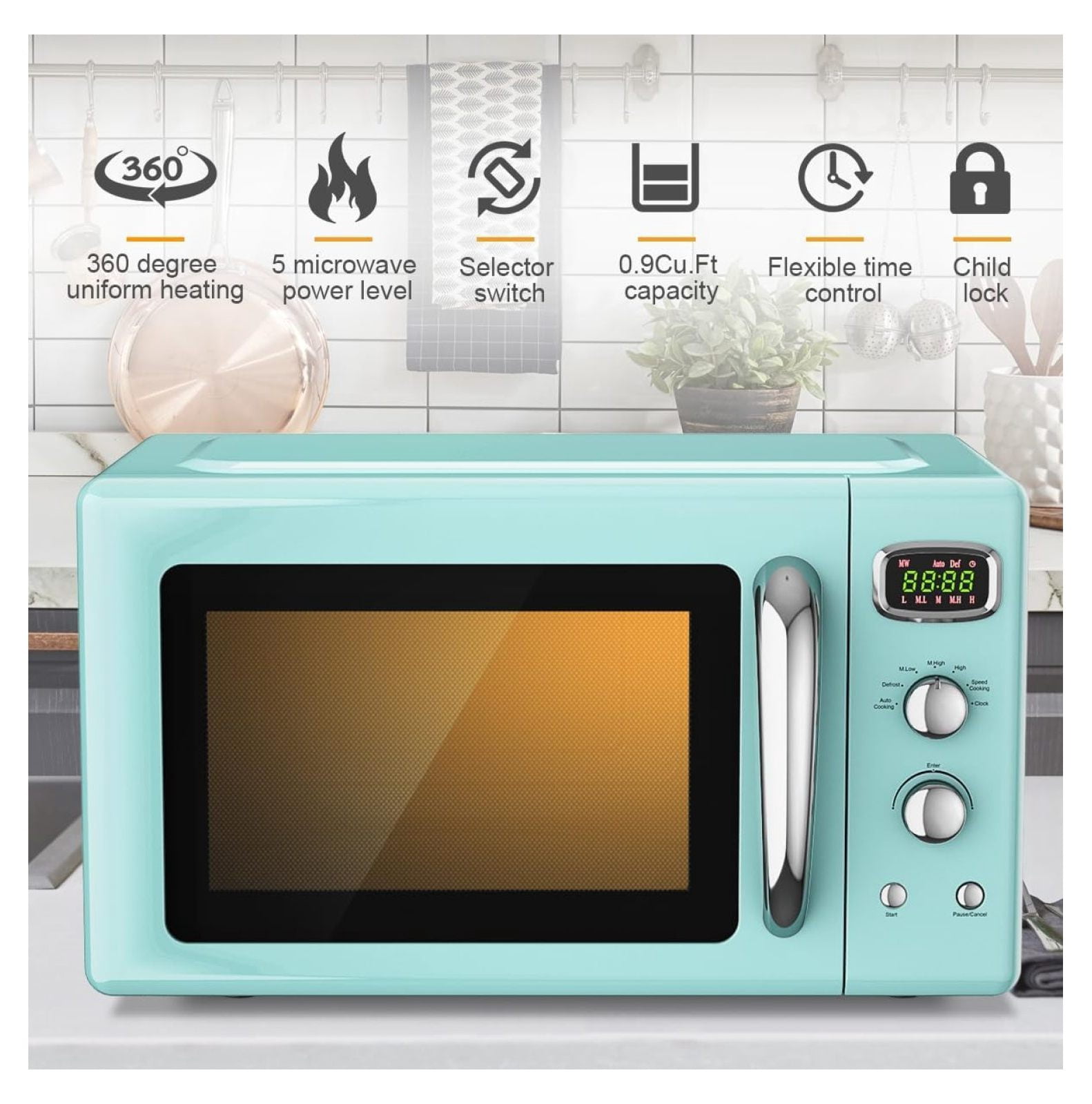 0.9 Cu.Ft Microwave Oven, 900W Countertop Microwave with 5 Power Levels, Defrost, Auto Cook, LED Display, Stainless Steel Interior, Child Lock
