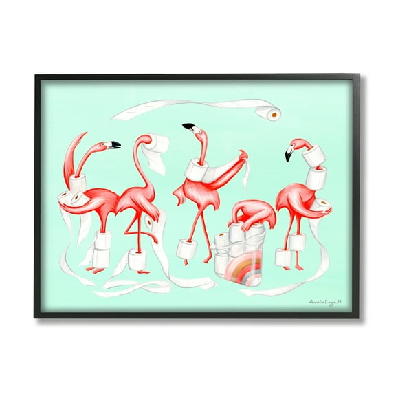 Stupell Industries Silly Flamingos Toilet Paper Rolls Bathroom Illustration Graphic Art Black Framed Art Print Wall Art, Design by Amelie Legault