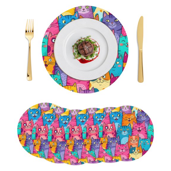 Round Placemats Colorful Cat 15 inch Set of 6 Table Mats for Dining Table Cartoon Smile Cats Pink Heat Resistant Non-Slip Kitchen & Home Decorative Place Mat Set