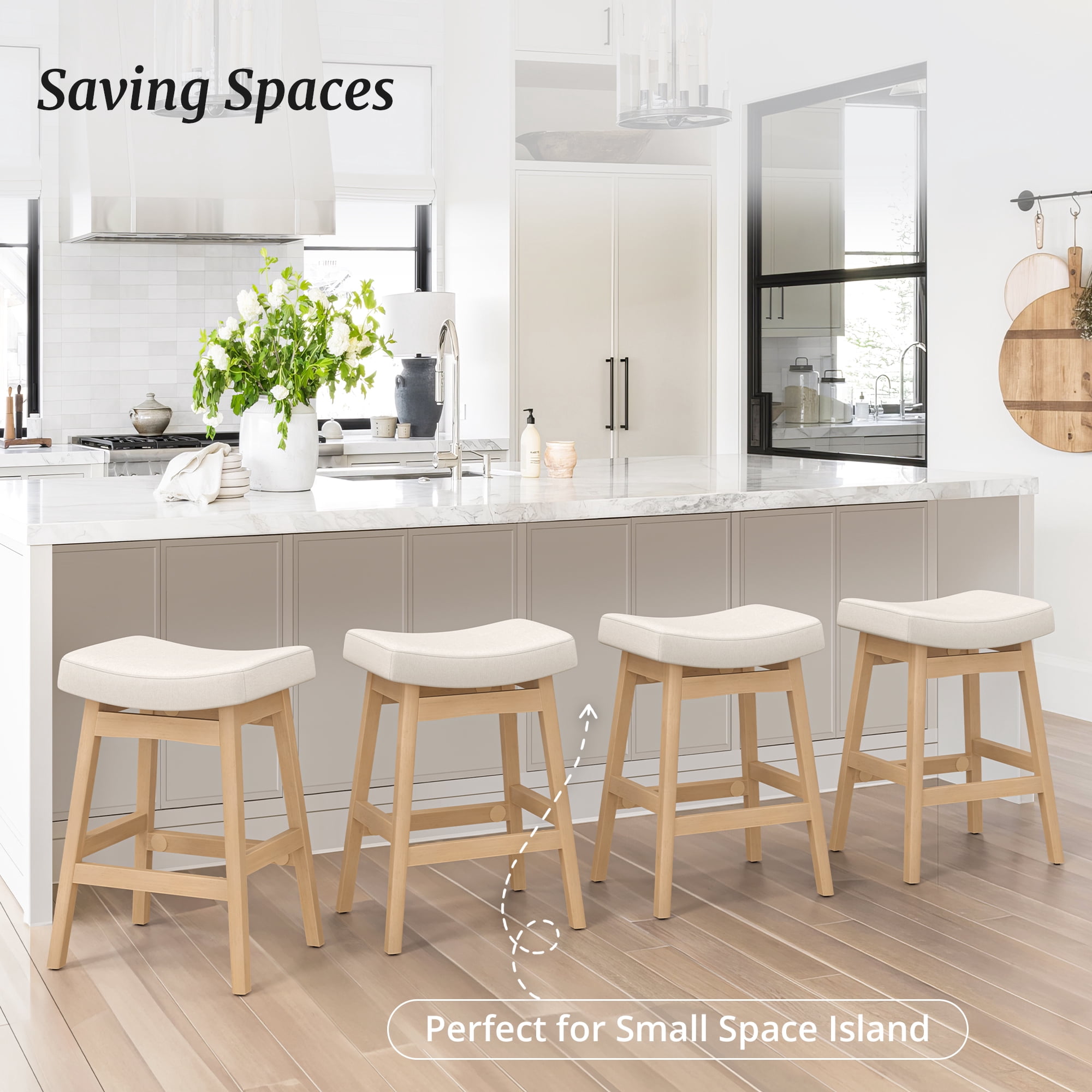 Dycanpo Saddle Seat Counter Height Bar Stools Set of 2 for Kitchen, Dining, 24in, Beige-Fabric
