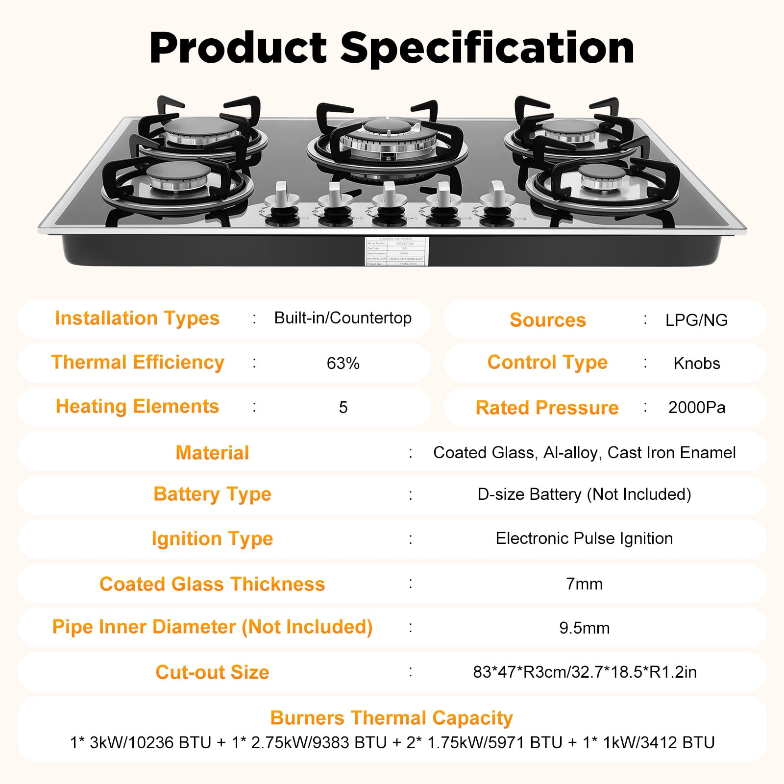 Built-in Gas Cooktop, 5 Burners Gas Stove with Tempered Glass Smooth Surface Automatic Pulse Ignition Countertop Stove Perfect for Kitchen, NG/LPG Convertible (30 Inch)