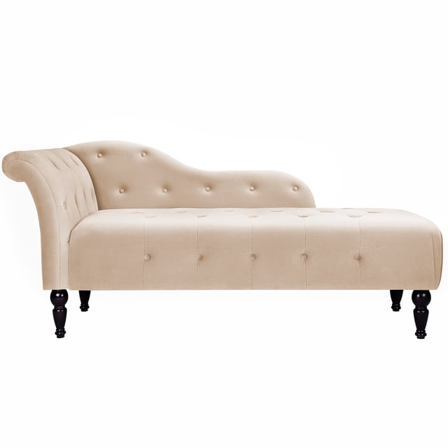 Sillón Chaise Longue de Terciopelo – Respaldo Reclinable – Brazo Izquierdo – Botonadura Decorativa – Patas Altas de Madera – Dormitorio, Sala u Oficina