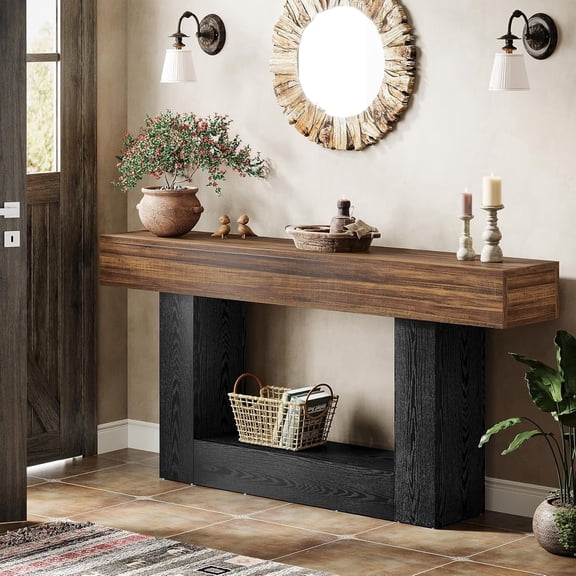 Tribesigns 63" Console Table, Farmhouse 2-Tier Entryway Table with U-Shaped Base, Narrow Wood Sofa Table for Living Room, Dark Brown & Black