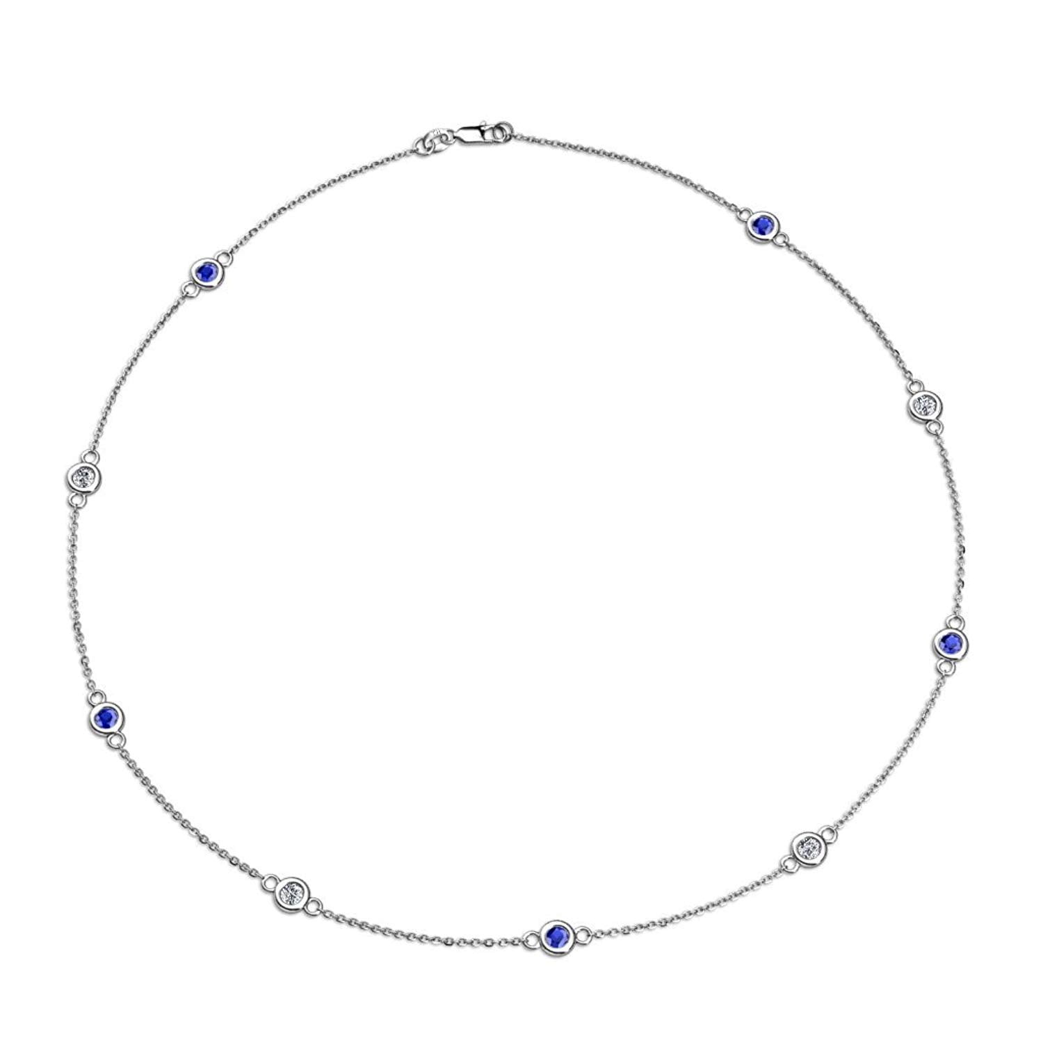 Blue Sapphire and Diamond (SI2-I1, G-H) 9 Station Necklace 1.39 cttw in 14K White Gold by TriJewels