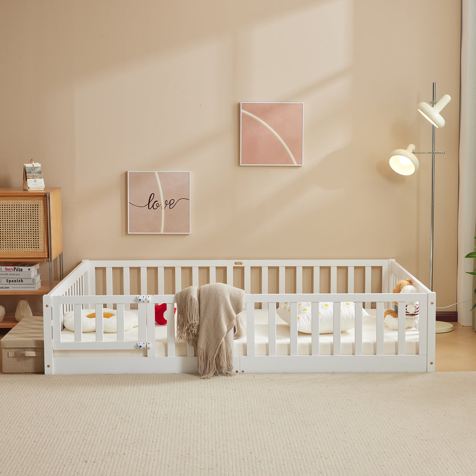 Ktaxon Montessori Full Floor Bed with Safety Guardrails, Toddler Bed Frame for Kids, Wood Frame - White