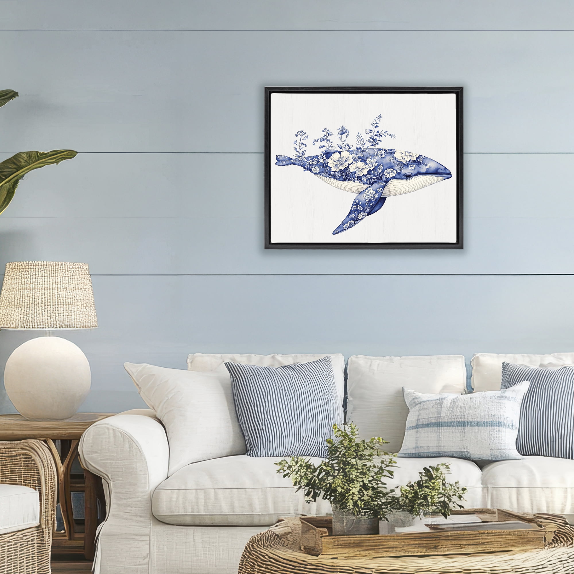 Blooming Toile Whale Black Framed Floater Canvas Wall Art, design by Lettered and Lined