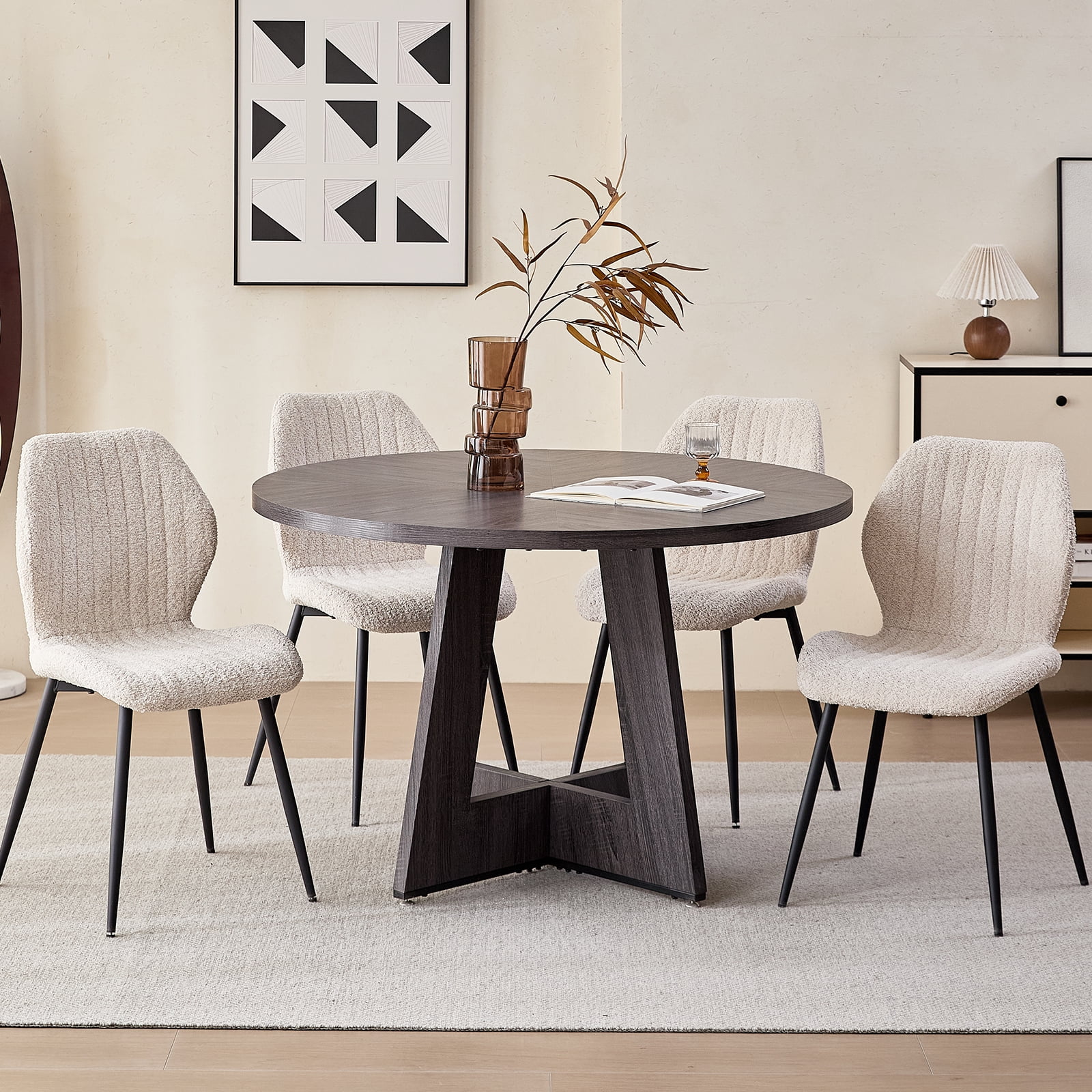5 Piece 47'' Round Dining Table Chairs Set for 4, Farmhouse Gray Kitchen Table with 4 Boucle Mid Century Modern Dinning Room Chairs, Wood Dinner Table &Upholstered Chair Set of 4, Beige