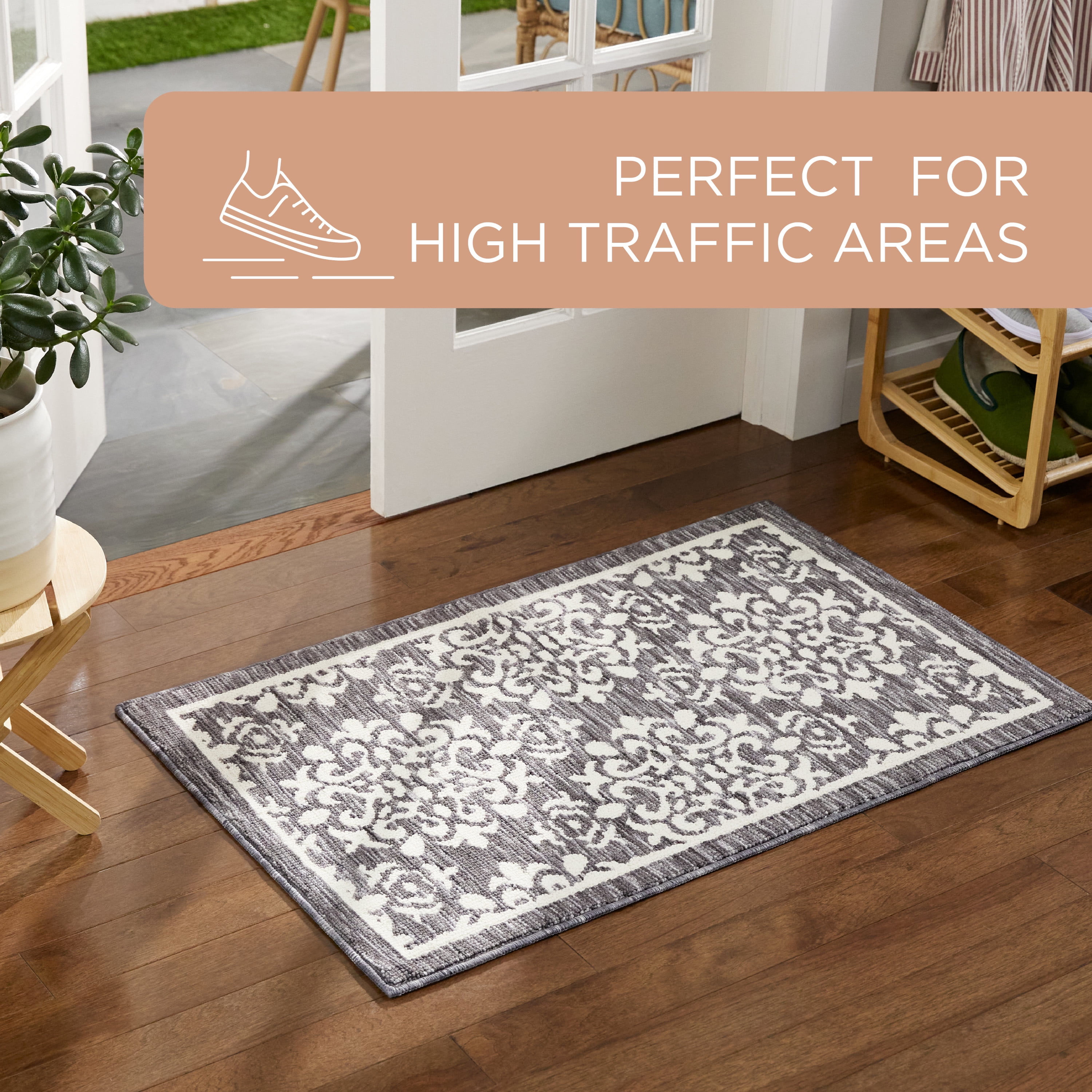 TOWN & COUNTRY EVERYDAY Walker Damask Medallion Everwash® Washable Multi-Use Decorative Rug, Tufted Kitchen Rug, Low-Profile Door Mat, Bedroom Rug and Bath Rug with Non-Slip Backing, Grey, 24"x40"