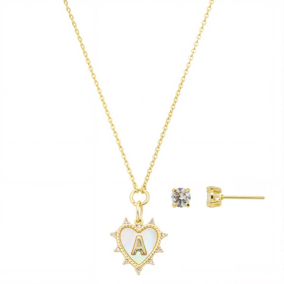 Believe by Brilliance Women's 14Kt Gold Flash Plated Mother of Pearl and Cubic Zirconia Heart "A" Necklace and Earring Set