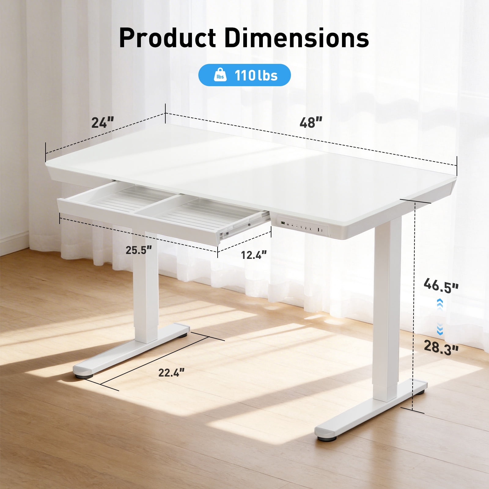 One-Piece Glass Standing Desk with USB & Type-C & Drawers, 48"×24" Electric Adjustable Stand Up Desk, Glass Tabletop Office Computer Desk, White