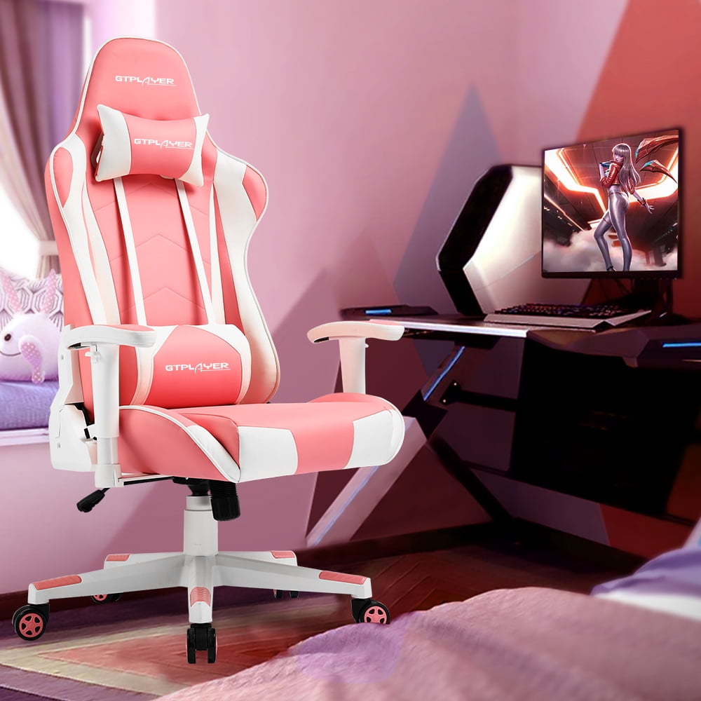 Gaming Office Chair PU Leather with Adjustable Headrest and Lumbar Pillow  Pink/Purple - GTRACING