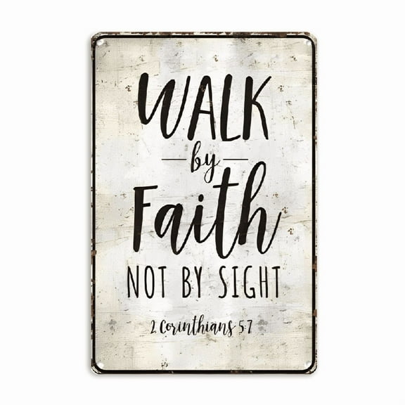 1pc Walk by Faith Christian Metal Tin Sign - 2 Corinthians 5_7 Bible Verse Wall Art with Distressed Finish, Rustic Farmhouse Decor for Kitchen, Cafe, Bar, Home - Durable Holiday & Winter Decoration
