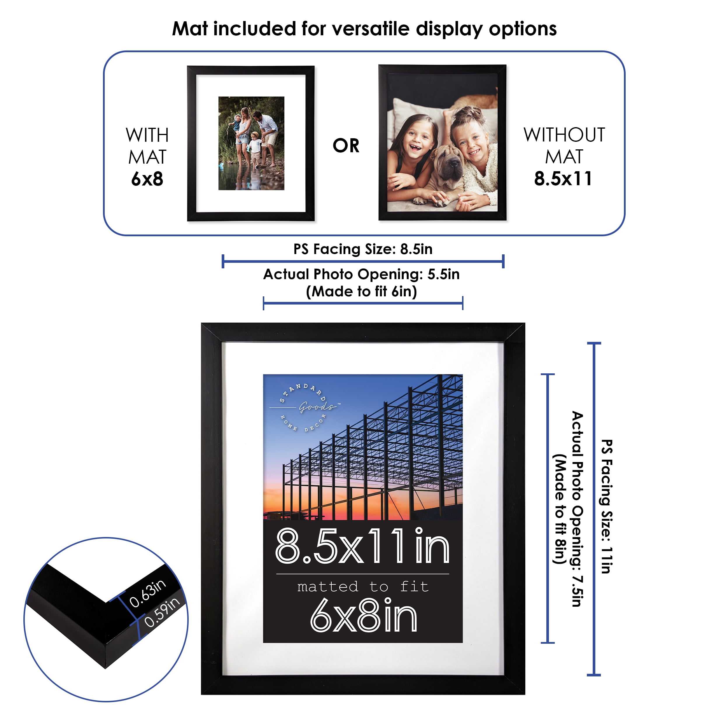 Standard Goods Home Décor 8.5x11 Matted to 6x8 Black Linear Picture Frame, 5-Pack for Wall or Table Display.