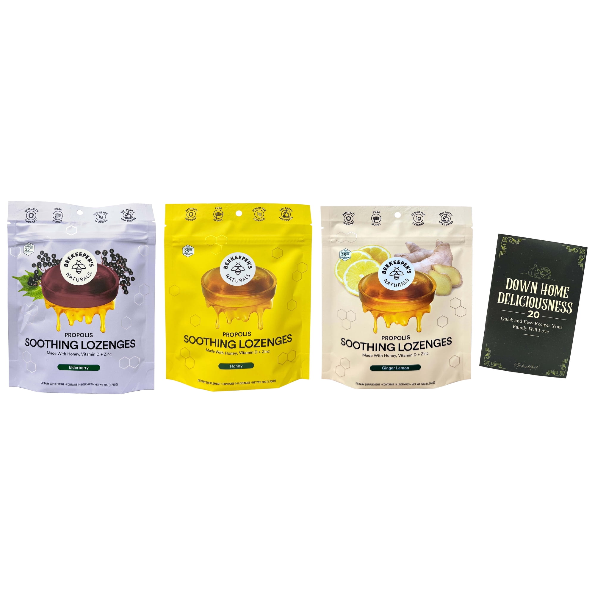 Beekeeper's Naturals Propolis Soothing Lozenges Variety 3-Pack | Honey, Ginger Lemon & Elderberry | 1.76 oz | MerlinsMart Zine
