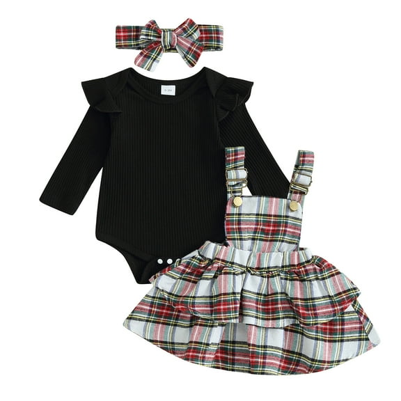Newborn Baby Girl Clothes 3M 6M 12M 18M 24M Spring Autumn Clothing Sets Long Sleeve Bodysuit Plaid Suspender Skirt Headband Clothes Xmas Outfits