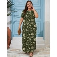 thumbnail image 3 of SHOWMALL Women's Plus Size Short Sleeve Maxi Dress, Vintage Moss Floral 3X Side Slit Rounded Hem Long T-Shirt Dress with Pockets for Vacation & Casual Wear, 3 of 6