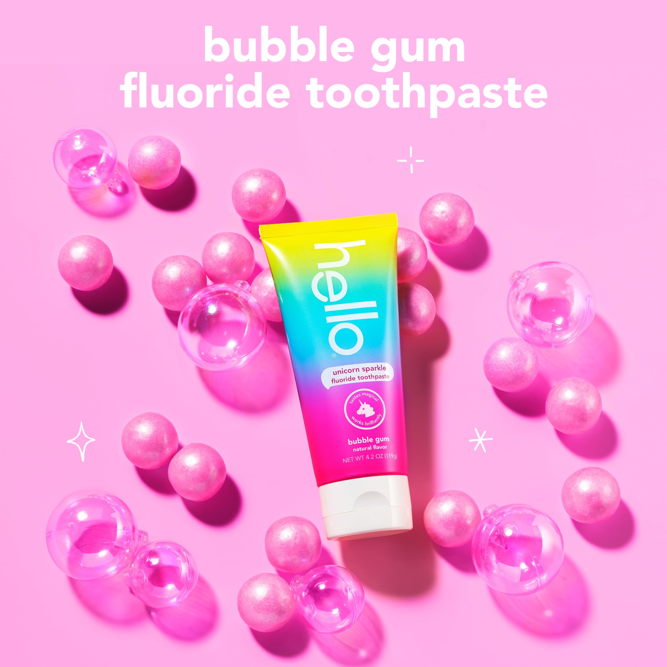 (2 pack) hello Unicorn Sparkle Kids Toothpaste with Fluoride, Bubble Gum Toothpaste, 4.2 Oz Tube