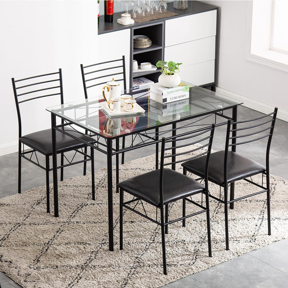 Ktaxon 5 Pcs Dining Set Glass Top Table and 4 Chairs Kitchen Room Furniture Black