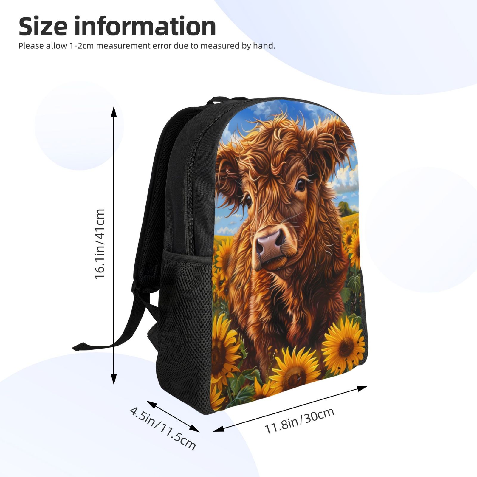 Xecao Cloud Sky Sunflower Cow Print School Backpack with Laptop Compartment Small Travel Laptop Backpack for Women Men Waterproof College Backpack Simple School Bag