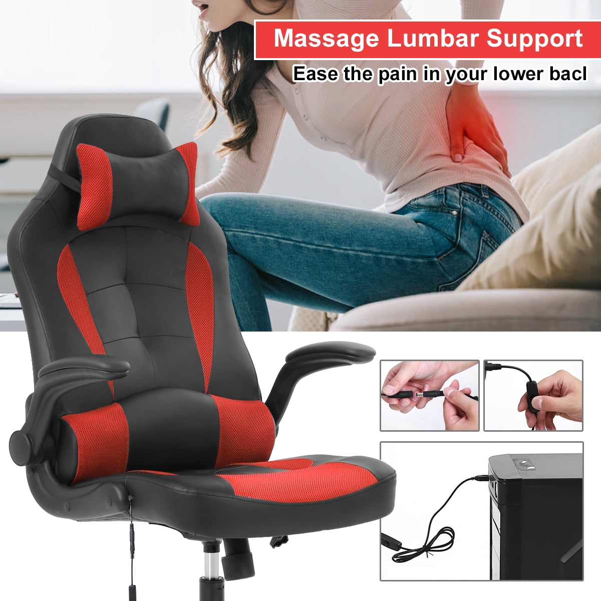 Dkelincs Video Game Chair Massage Gaming Chair PU Leather Racing Computer Chair Ergonomic Office Desk Chair with a Vibrator Lumbar Support, Headrest, Flip Up Armrest, Red