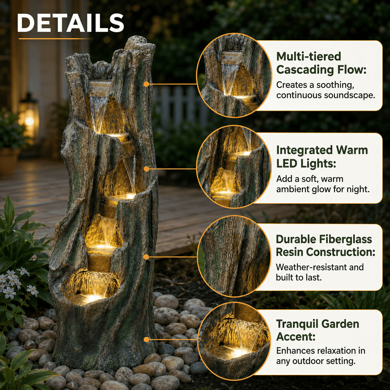 Aukfa Tree Design Outdoor Water Fountain with LED Lights, Tall Resin Waterfall Feature for Patio Garden Backyard,Gray