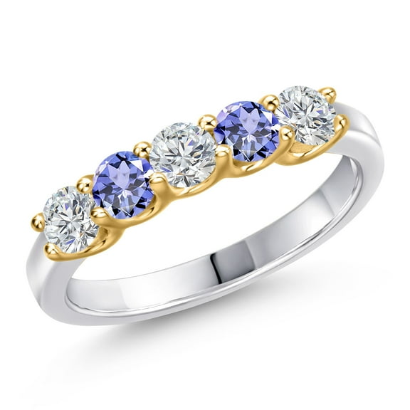 Gem Stone King 925 Silver and 10K Yellow Gold Lab Grown Diamond and Blue Tanzanite Wedding-Bands Ring for Women | 0.87 Cttw | Round 3.5MM | Gemstone April Birthstone | Size 7